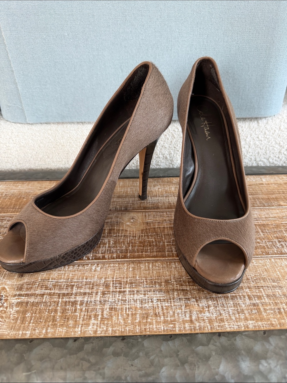 Cole Haan Brown Calf Hair Croc Platform Peep-Toe High Heels